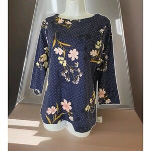 Croft & Barrow Popover Top PXL Blue Floral Dots 3/4 Sleeve Tagless Stretch NWT